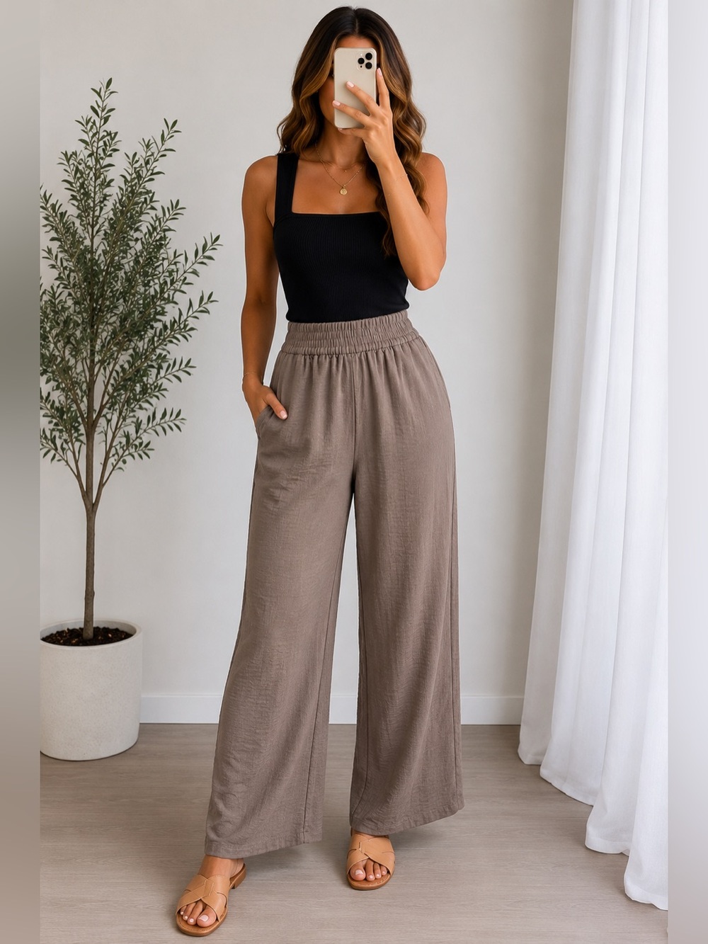La La Muse Taupe Wide Leg Pants Size M Elastic Waist Pockets NWT
